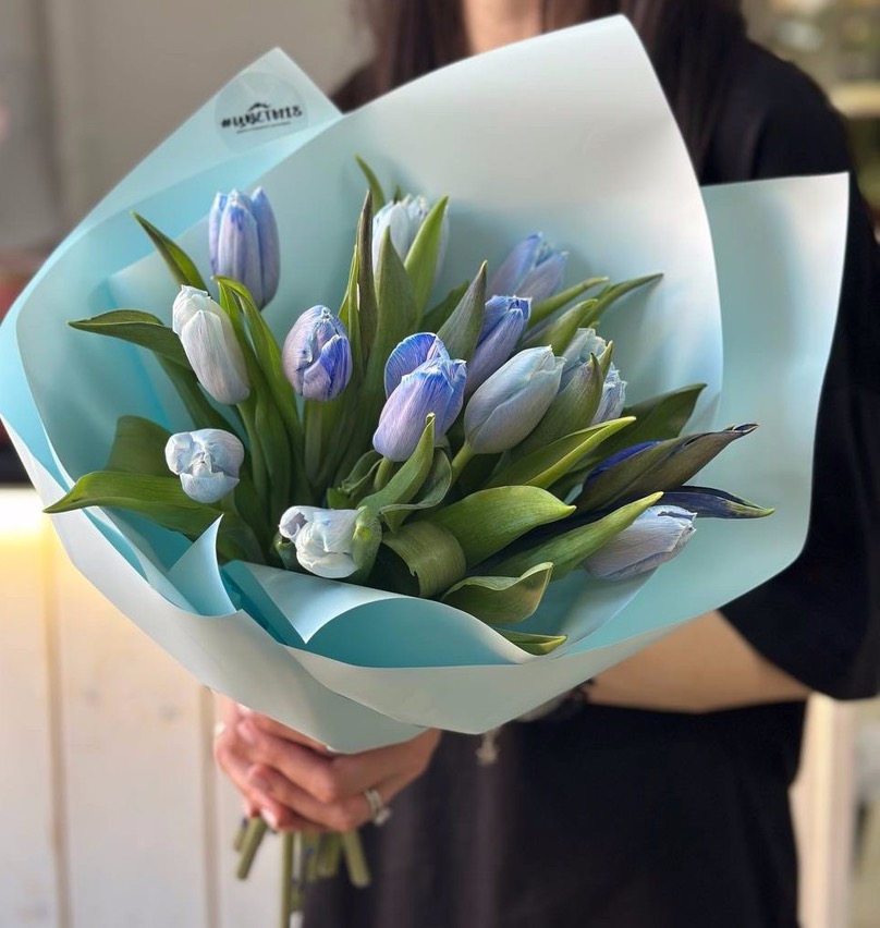 Букет из 15 сине-голубых тюльпанов