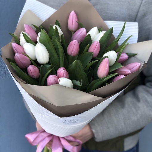 Букет из 25 белых и розовых тюльпанов